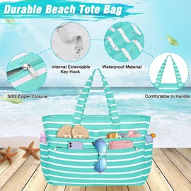 WACCET XXL Family Beach Bag, Large Waterproof Beach Bag for Women, with Zip, Foldable Lightweight Swimming Bag with Multiple Pockets, Beach Bag, Tote Bag for Beach, Travel, Holiday, Pool, Bright green