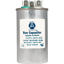 Appli Parts Dual Run Capacitor for ac 20+5 Mfd uF (microfarads) 370VAC or 450VAC CBB65 Round Universal fit for hvac and other applications 3-7/8 in High 2 in Wide CON-20/5-450
