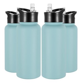 VQRRCKI 32 oz Insulated Water Bottle Bulk 4 Pack, Stainless Steel Sports Water Bottles with Straw Lid & Wide Mouth Lids, Double Walled Vacuum, Leak Proof, Turquoise Blue