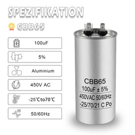 Iruihoo Motor Capacitor CBB65 100uF 450V AC 50/60Hz, 20µF Start and Operating Capacitor with Self-Healing, Metal Housing for Air Conditioning, Refrigerator, Compressor