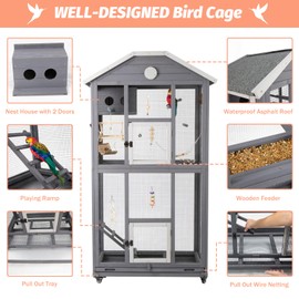 Gowoodhut Outdoor Bird Cage Large, Wooden Flight Aviary with Perches, Nest Habitat, and Easy-Clean Pull Out Tray for Parakeets, Macaws, and More