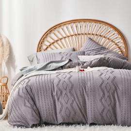 Senville Grey Boho Duvet Cover Queen Size,Pom Pom Geometric Textured Duvet Cover Tufted Bedding Set, 3 Piece Ultra Soft Washed Microfiber with Zipper Closure(Grey,Queen)