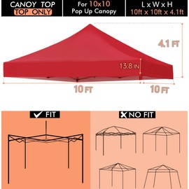 Ontheway 10' x 10' Replacement Canopy Top for EZ Pop Up Tent, Instant Canopy Top Cover, Bonus 4PC Pack Canopy Weight Bag (Red)