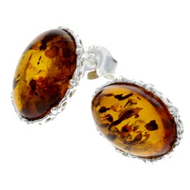 Genuine Cognac Baltic Amber set in 925 Sterling Silver Studs Oval Earrings - M650C