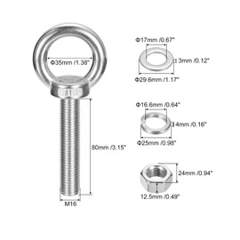uxcell Lifting Eye Bolt, 2 Sets M16 x 80mm Eye Bolt with Nut Washer 304 Stainless Steel Shoulder Lifting Ring Eye Bolt for Hanging Item