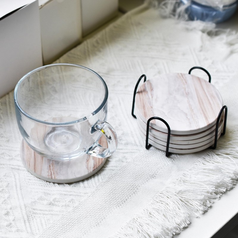 6Pcs Drink Coasters with Holder, Marble Style Ceramic Drink Coaster,