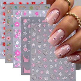 5PCS Flower Nail Art Stickers 3D Self-Adhesive Nail Supplies Spring Summer Floral Leaf Nail Stickers White Petals Flower Floral Daisy Nail Decals Red Pink Coil French Nail Decor for Women Manicure DIY