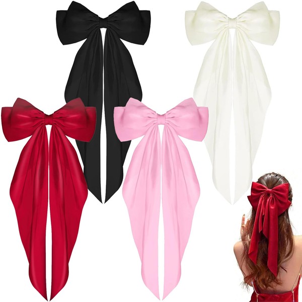 4 Pieces Women's Hair Bow, Black Bow Hair Satin Ribbon,