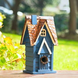 Glitzhome 12" H Retro Blue Distressed Solid Wood Cottage Birdhouse Hanging Bird House for Outdoors