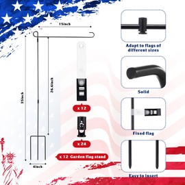 Therwen 12 Pack Garden Flag Stand 36.2" x 16.5" Yard Flag Holder Heavy Duty with 3 Prong Base Lawn Flag Pole Decorations Outdoor Flag Stand with Clip Spring Stoppers for Outdoor Garden Yard Lawn