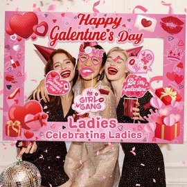 Galentines Day Decorations Photo Booth Props 16pcs Happy Galentines Day Decorations Photo Props for Party Pink Ladies Celebrating Ladies Party Supplies