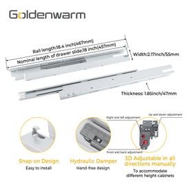 goldenwarm 1 Pair Undermount Drawer Slides Soft Close 18 Inch, Hidden Bottom Mount Full Extension Drawer Rails with Bracket & 3D Adjustable Locking Device, Heavy Duty 100 LB Capacity