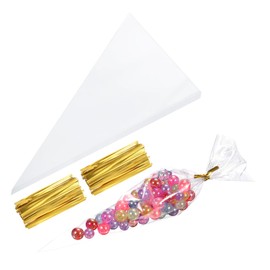 uxcell 200Pcs 5" Length Treat Bags with Golden Twist Ties Gift Bags Cone Shape OPP Material for Packaging Cookies, Gifts, Favors, Products, Candy, Transparent