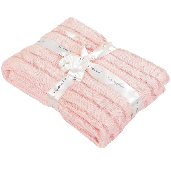 NTBAY 100% Pure Cotton Cable Knit Toddler Blanket, Super Soft and Warm Breathable Baby Blanket for Cot Bed, Stroller, Nursery, Travel, Newborn, Baby Pink, 76x102 cm