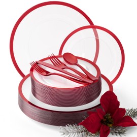 By Madee HEAVYWEIGHT 150 PC Christmas Plastic Plates and Cutlery | Clear and Red Christmas Dinnerware Set | Fancy Disposable Plates for Weddings, Birthdays & Holiday (25 Guests)