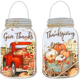 S/2 Thanksgiving & Give Thanks Mason Jar Shaped Signs Large Autumn Fall Rustic Wood & Metal Door Wall Hanging Decor 15.5" x 9.3"