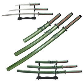 3-Piece Samurai Sword Set with Stand – Green Scabbard Katana, Wakizashi & Tanto, 1095 Carbon Steel Unsharpened Blades, Full Tang, Perfect for Display, Martial Arts Training, Cosplay & Gifts
