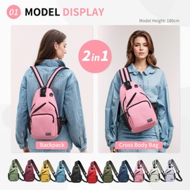 SUIKIHUM Convertible Sling Bag Crossbody Backpack, 11-Inch Pads Bags with Headphone Jack Shoulder Bag Casual Pack for Women Men Hiking Travel Cycling (Pink)