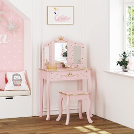 UTEX Kids Vanity Set with Mirror and Stool, Kids Make Up Vanity Desk with Mirrror for Little Girls, Children Makeup Dressing Table with Drawer, Pink
