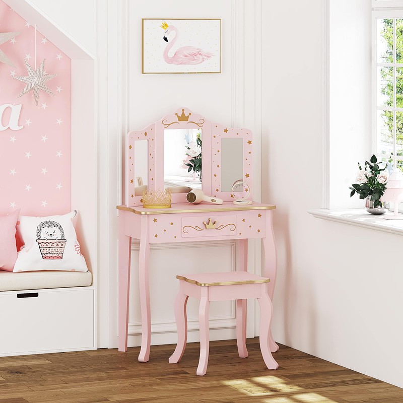 UTEX Kids Vanity Set with Mirror and Stool, Kids Make