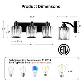 Haolaike 3 Lights Crystal Bathroom Vanity Light Modern Black Bathroom Light Fixture Bathroom Lighting Fixtures Over Mirror for Mirror