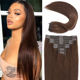Nvnvdij Straight Clip in Hair Extensions Remy Human Hair 8pcs Per Set with 18Clips Double Weft Clip in Human Hair Extensions Real Human Hair For Women (18 Inch #4) #4 Medium Brown