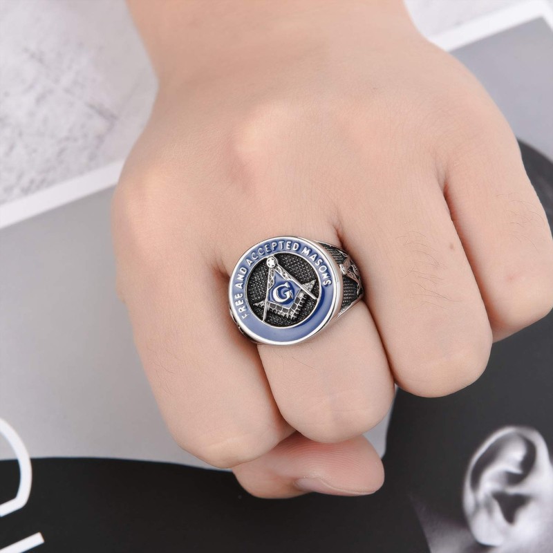 INRENG Men's Stainless Steel Vintage Freemason Masonic Biker Rings Blue