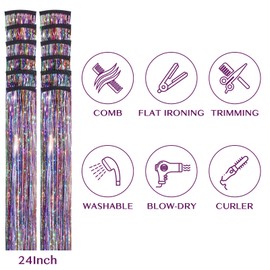 IDN BEAUTY Hair Tinsel Clip in, 12pcs Rainbow Sparkling Tinsel Hair Extensions 3s Wear and Go for Party Daily Travel Birthday, 24Inch Hair Accessories for Girls Women Kids
