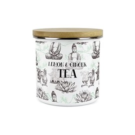 Purely Home Asian Scenes Lemon & Ginger Tea Canister - White Metal Enamel Kitchen Food Storage Container