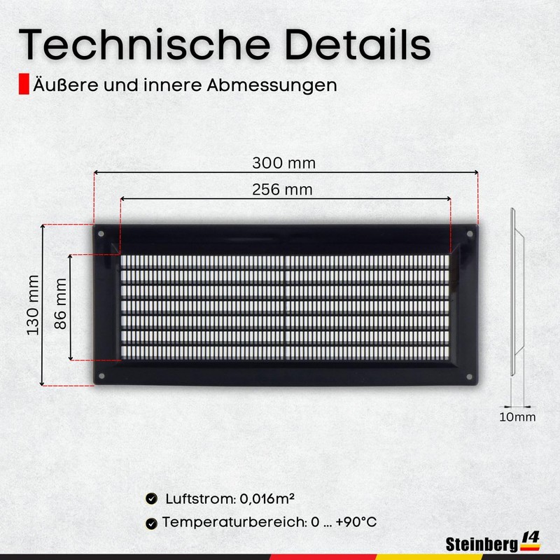Steinberg14 Black Ventilation Grille, 300 x 130 mm, Plastic Exhaust