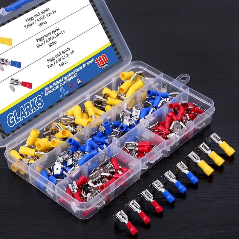 Glarks 140pcs 22-16/16-14/12-10 Gauge Semi-Insulated Piggy Back Spade Quick Splice