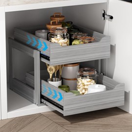 Landmok Pull Out Drawers For Cabinets, 18" W x 21.65" D x 17''H Slide Out Wooden Pull out Drawers, 2-Tier, Heavy-Duty Base Bottom Assembly Slide out Drawer Shelf Cabinet Organization for Kitchen, Gray