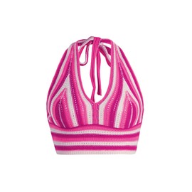 Verdusa Women's Colorblock Striped Crop Halter Top Tie Backless V Neck Going Out Tops Hot Pink Medium