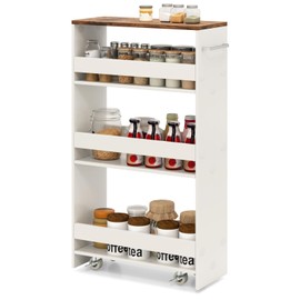 SILKYDRY Slim Rolling Storage Cart, 4 Tier Narrow Kitchen Cart with Wheels, Between Washer and Dryer Cart, Wood Shelving Unit Organizer w/Handle for Small Spaces (White & Rustic Brown, 8-Inch)