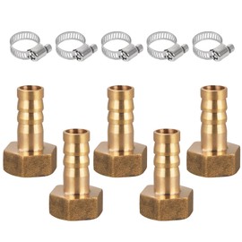 Brass Hose Connector, 5 Pieces 10 mm Barb x G1/4 Inch Female Thread Pipe Adapter, with 5 Pieces Hose Clamp for Air Hose, Gas Hose, Water Hose, Fuel Line