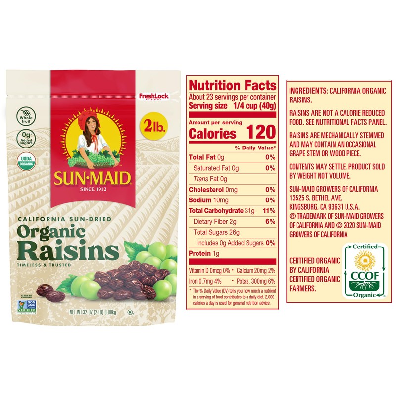 Sun-Maid Organic California Sun-Dried Raisins - (2 Pack) 32 oz