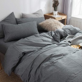 BESTOUCH Duvet Cover Set 100% Washed Cotton Linen Feel Super Soft Comfortable Chic Lightweight 3 PCs Home Bedding Set Solid Dark Grey King