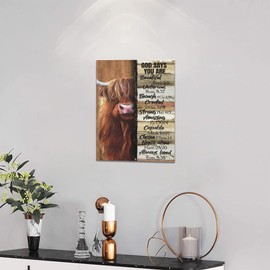 Farmhouse Highland Cow Decor Wall Art Farm Cow Inspirational Quotes God Says You are Pictures Wall Decor Canvas Painting Prints Artwork Decorations Framed for Bathroom Bedroom Kitchen 12"x16"