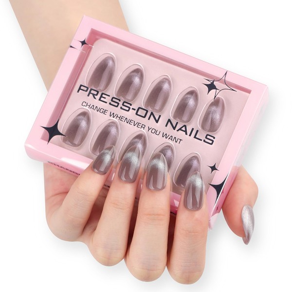 Grey Cat Eye Press on Nails Short Almond Fake Nails