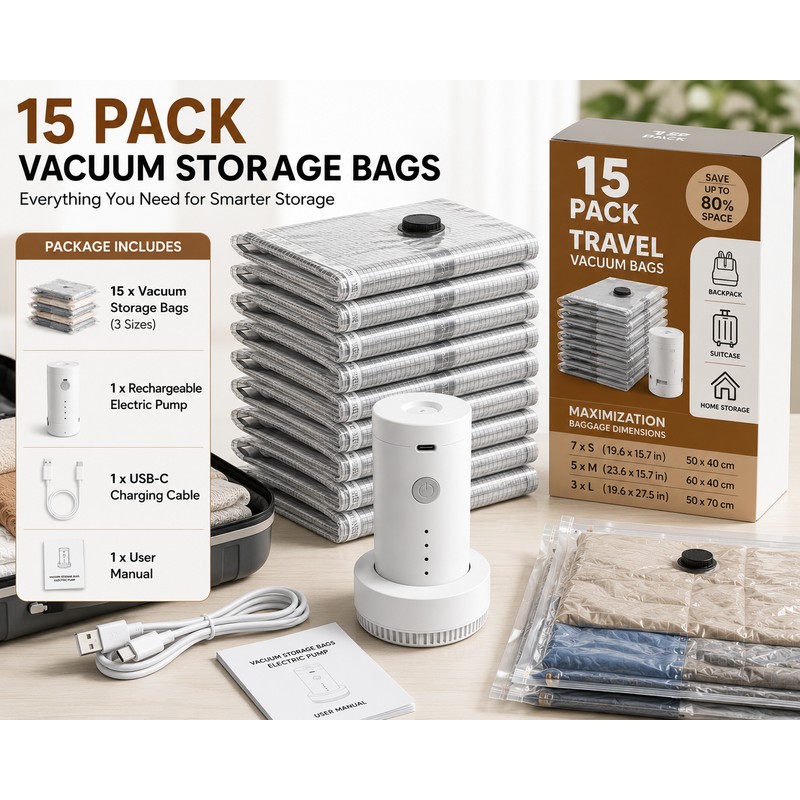 15 Pack Travel Vacuum Storage Bags with Rechargeable Electric Pump,