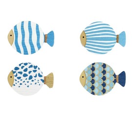 FLCSIed 4 Ps Wood Fish Nautical Beach Wall Decor Wall Art Hanging Ocean Decor Vintage Blue Fish Ornaments for Home Bedroom Kid's Room (4, Blue dots)