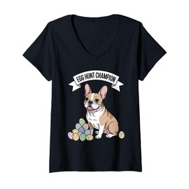 Womens French Bulldog Easter Bunny Ears Eggs Cute Frenchie Dog V-Neck T-Shirt