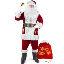 Higen Santa Claus Costume for Men, Deluxe 11pcs Professional Christmas Velvet Santa Suit Set Cosplay Outfit Plus Size for Adult