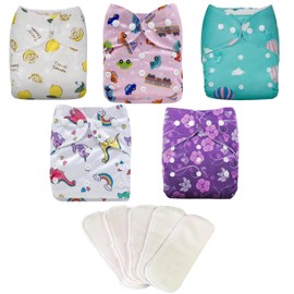 Catwald Pañales Ecológicos de Tela para bebes Niños y Niñas en paquetes de 5 Pañales con 5 insertos de Carbono de 4 Capas ultraabsorbente (NIÑA)
