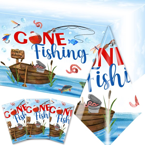 GREHUMOR 3 Pcs Gone Fishing Tablecloth for Fishing Party Supplies Decoration Little Fisherman Themed Table Cover Plastic Disposable Rectangular Birthday Summer Party Decorations(Gone Fishing)…