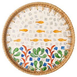 Aayoruro Round Rattan Tray with Mother of Pearl Inlay, Decorative Wicker Serving Tray with Wooden Base, Woven Basket Trays for Bread Fruits Coffee