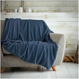 Waffle Honeycomb Throw Blanket Soft Warm Throw Over Sofa Bed Travel Bedspread (Navy Blue, Single - 125 x 150cm)