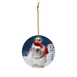 Festive Winter Night Pet and Snowman Ornament - Russian Dwarf Hamster Christmas Ornament Circle Ceramic - Funny Holiday Xmas Tree Decoration Gifts for Hamster Lovers