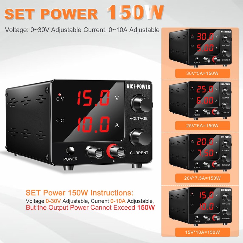 NICE-POWER DC Power Supply Variable 0~30V 0~10A, 3-Digits LED Display