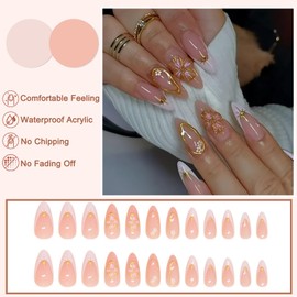 Pack of 24 Stick-On Nails Almond, French Press on Nails 3D Flowers Artificial Fingernails for Sticking with Charms, Pink Artificial Nails Stiletto Acrylic Full Cover False Nails for Women Girls